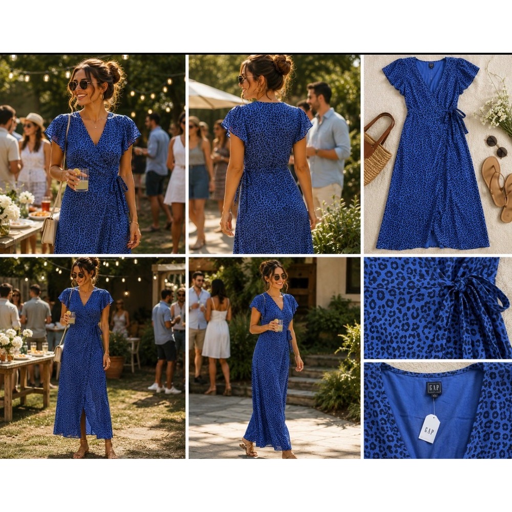 Gap Blue Leopard Print Wrap Midi Dress Short Flutter Sleeve V-Neck XL NWT